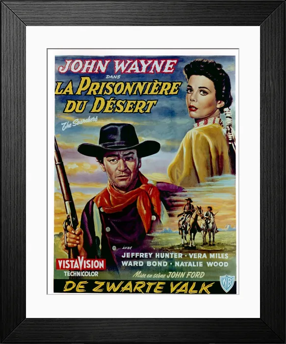 Framed Print : THE SEARCHERS, (aka LA PRISONNIERE DU DESERT), top from left on Belgian poster art: John Wayne, Natalie Wood, bottom right: John Wayne, Jeffrey Hunter, 1956