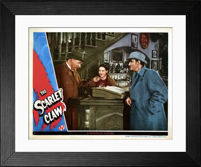 Framed Print : THE SCARLET CLAW, (aka SHERLOCK HOLMES AND THE SCARLET CLAW), from left, Nigel Bruce, Kay Harding, Basil Rathbone, 1944