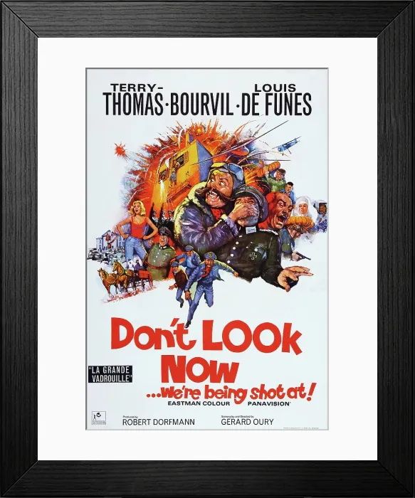 Framed Print : DON'T LOOK NOW...WE'RE BEING SHOT AT, (aka LA GRANDE VADROUILLE), British poster art, Terry-Thomas (moustache), 1966