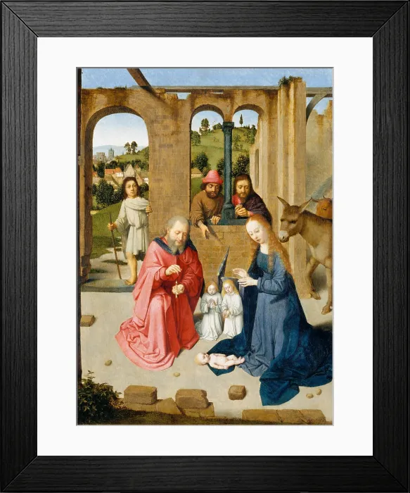 Framed Print : THE NATIVITY, by Gerard David, 1480-89, Netherlandish, Northern Renaissance painting, oil on wood. Nativity with the Adoration of the Shepherds, within a roofless building