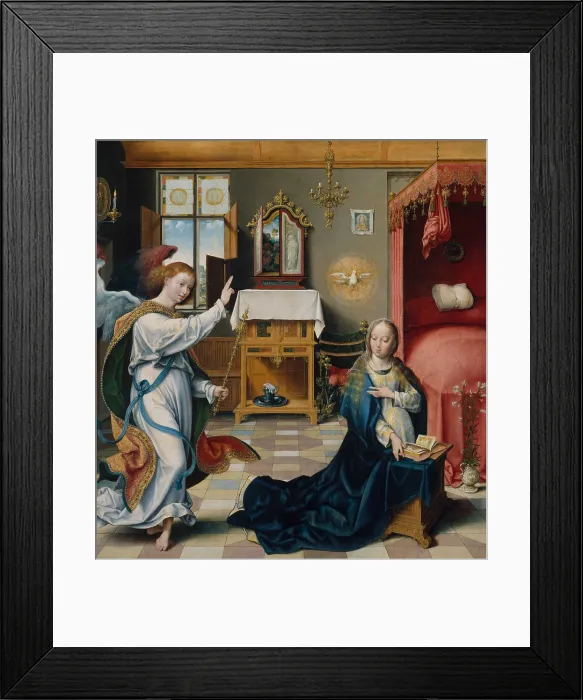 Framed Print : THE ANNUNCIATION, by Joos van Cleve, 1525, Netherlandish, Northern Renaissance oil painting. The Angel Gabriel and Virgin Mary within an elaborately furnished interior Framed Print : THE ANNUNCIATION, by Joos van Cleve, 1525, Netherlandish, Northern Renaissance oil painting. The Angel Gabriel and Virgin Mary within an elaborately furnished interior