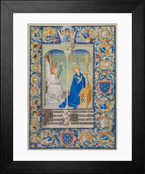 Framed Print : BELLES HEURES OF JEAN DE BERRY, by Limbourg Brothers, 1405-09, French painting, Northern Renaissance. An Annunciation page from an illuminated manuscript