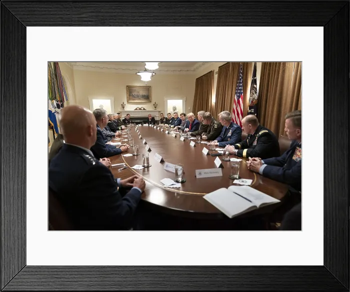 Framed Print : President Donald J. Trump, joined by the Chairman of the Joint Chiefs of Staff General Mark A. Milley, Monday, Oct. 7, 2019, in the Cabinet Room of the White House