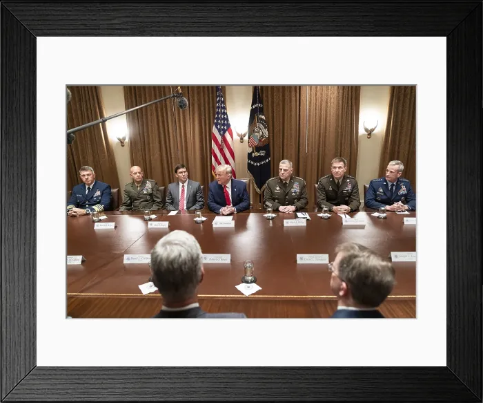 Framed Print : President Donald J. Trump, joined by the Chairman of the Joint Chiefs of Staff General Mark A. Milley, Monday, Oct. 7, 2019, in the Cabinet Room of the White House