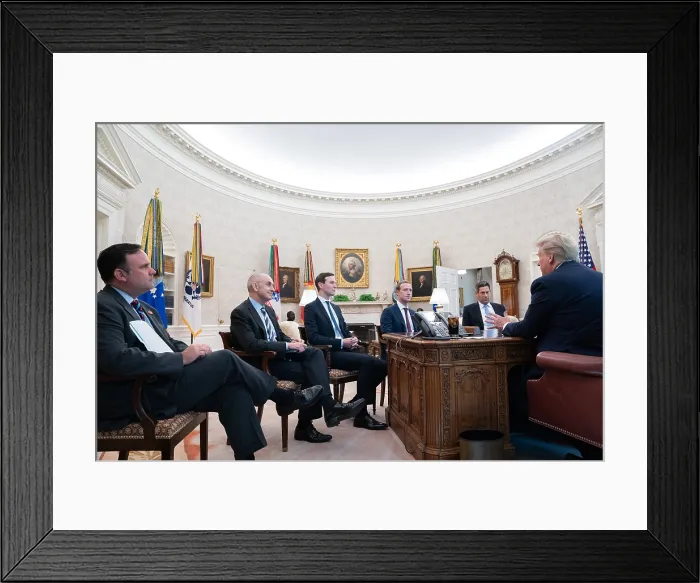 Framed Print : Oval Office meeting between President Donald Trump and Facebook CEO, Mark Zuckerberg (far left), with Jared Kushner, and Dan Scavino, the White House Social Media Director Framed Print : Oval Office meeting between President Donald Trump and Facebook CEO, Mark Zuckerberg (far left), with Jared Kushner, and Dan Scavino, the White House Social Media Director