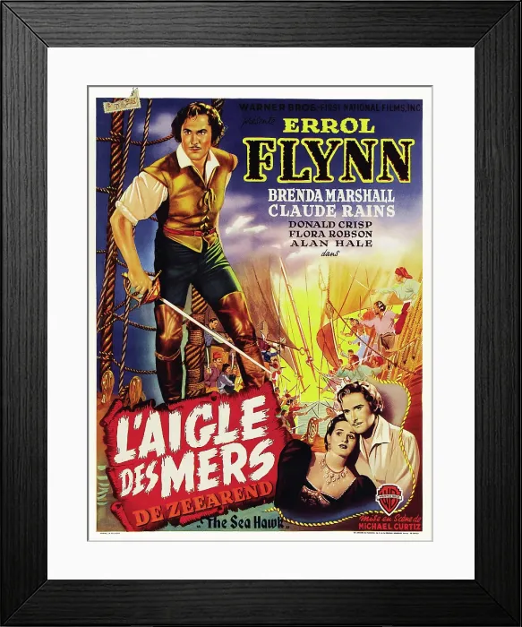 Framed Print : THE SEA HAWK (aka L'AIGLE DES MERS aka DE ZEEAREND), top left: Errol Flynn, bottom right from left: Brenda Marshall, Errol Flynn on Belgian poster art, 1940