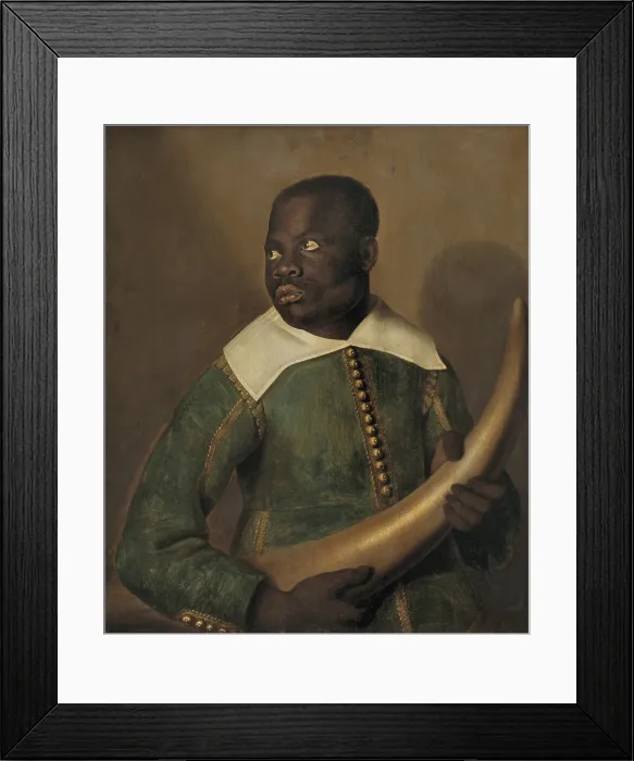 Framed Print : Pedro Sunda, Servant of Dom Miguel de Castro, holding an elephant tusk, 1643, by Jaspar Beckx. Dutch painting, oil on panel