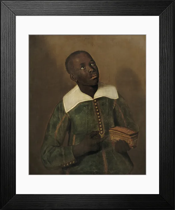 Framed Print : Diego Bemba, Servant of Dom Miguel de Castro, holding a decorated box, 1641-1645, by Jaspar Beckx. Dutch painting, oil on panel