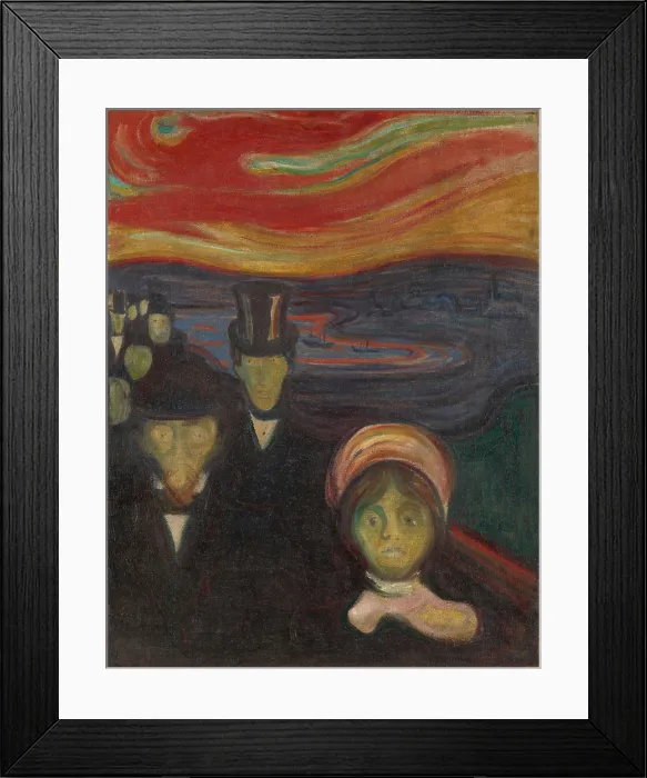 Framed Print : Anxiety, 1894, by Edvard Munch, 1863-1944, Norwegian Expressionist painting, oil on canvas. Nine bourgeois people are on a bridge with their eyes starring forward