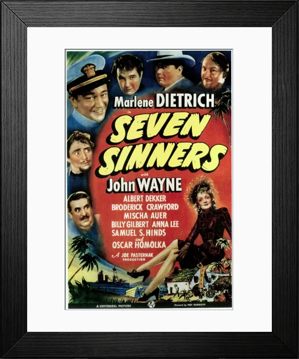 Framed Print : SEVEN SINNERS, clockwise from bottom left: Billy Gilbert, Mischa Auer, John Wayne, Oscar Homolka, Broderick Crawford, Albert Dekker, bottom right: Marlene Dietrich, 1940