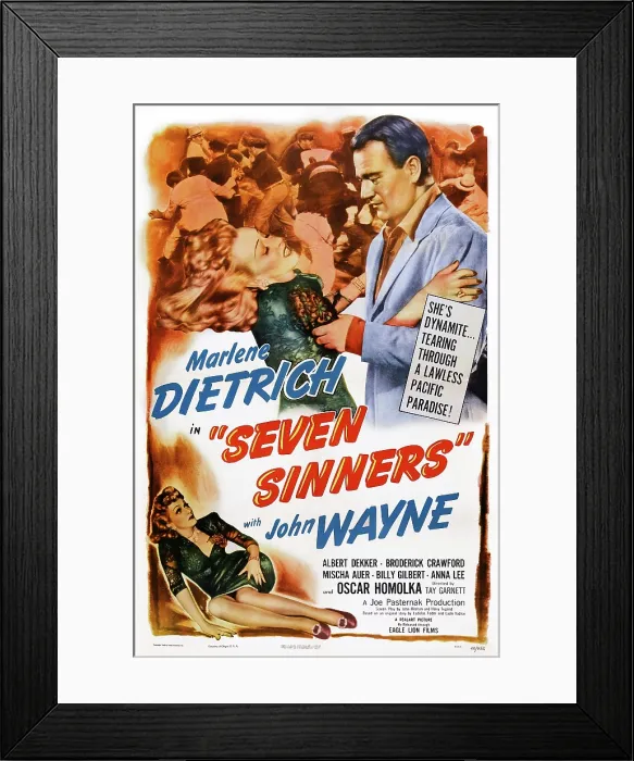 Framed Print : SEVEN SINNERS, top from left: Marlene Dietrich, John Wayne, bottom left: Marlene Dietrich featured on 1948 reissue poster, 1940