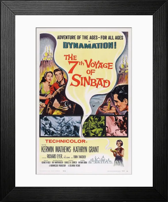 Framed Print : THE 7TH VOYAGE OF SINBAD, (aka THE SEVENTH VOYAGE OF SINBAD), US poster, top left from left: Kathryn Grant, Kerwin Mathews, right: Kerwin Mathews, bottom right: Richard Eyer, 1958