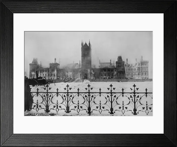 Framed Print : Ruins of the Canadian Parliament building in Ottawa, after a fire on the night of Feb. 3, 1916. Firemen continue to spray the smoldering fire Framed Print : Ruins of the Canadian Parliament building in Ottawa, after a fire on the night of Feb. 3, 1916. Firemen continue to spray the smoldering fire