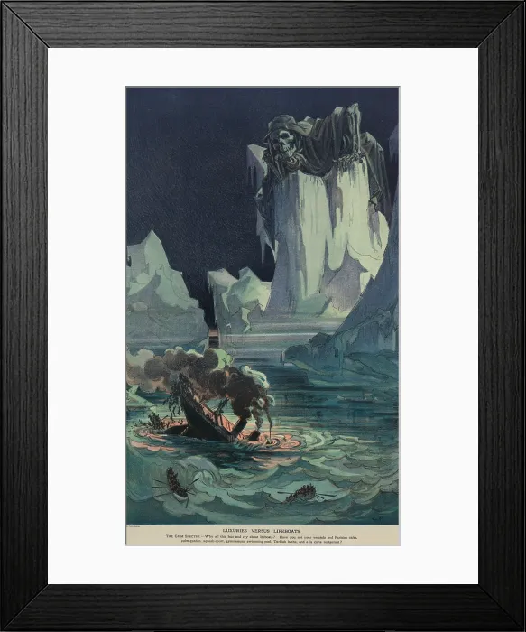 Framed Print : Cartoon published shortly after the sinking of the TITANIC on April 15, 1912. Amid icebergs, the Grim Reaper looks on as passengers jump into the sea for lack of enough lifeboats