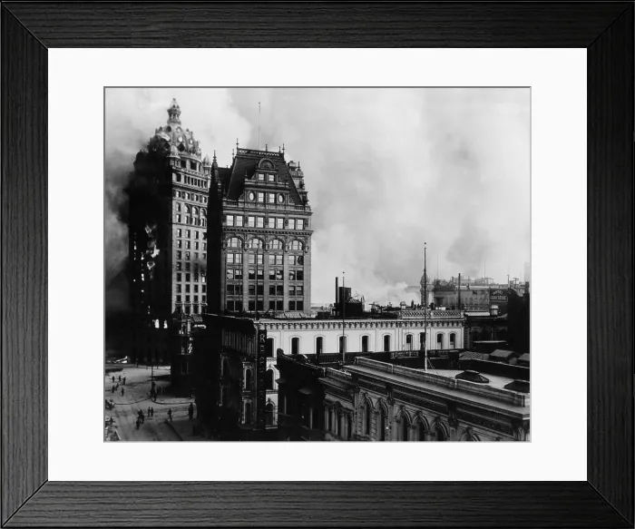 Framed Print : 3-day fire that followed the San Francisco Earthquake at Kearny, Third, Market, and Geary Streets. Flames can be seen coming from the windows of the Call Building at far left Framed Print : 3-day fire that followed the San Francisco Earthquake at Kearny, Third, Market, and Geary Streets. Flames can be seen coming from the windows of the Call Building at far left