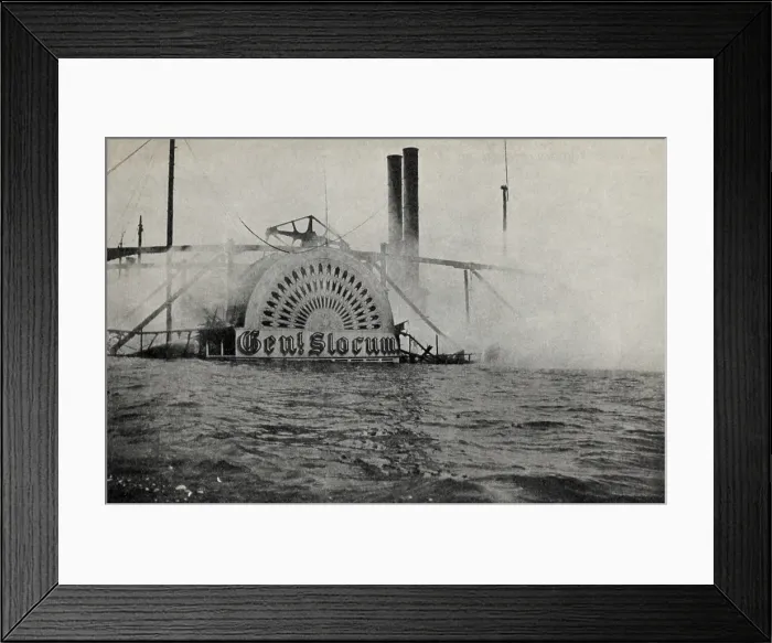 Framed Print : Smoking wreck of the GENERAL SLOCUM showing the housing of the paddle wheel, June 15, 1904 Framed Print : Smoking wreck of the GENERAL SLOCUM showing the housing of the paddle wheel, June 15, 1904