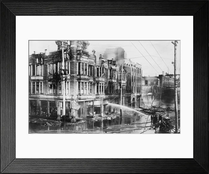 Framed Print : Fire engine spraying water on burned buildings in San Francisco after the 1906 earthquake (BSLOC_2017_17_12)
