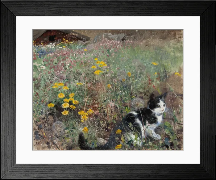 Framed Print : Cat on a Flowery Meadow, 1887, by Bruno Liljefors, 1860-1939, Swedish painting, oil on canvas