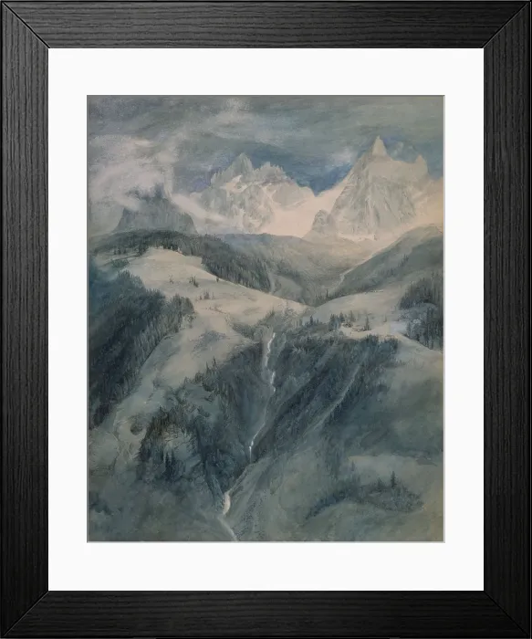 Framed Print : Cascade de la Folie, Chamoni, 1849, by John Ruskin, watercolor painting. The falling water is also called the Torrent de Blaitière