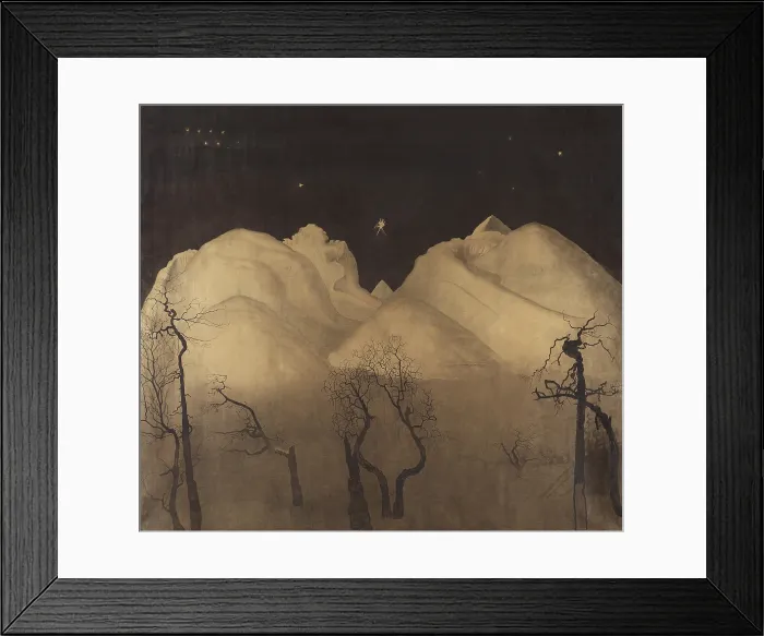 Framed Print : Winter Night in the Mountains. Study, by Harald Sohlberg, 1901-1902, Swedish painting, charcoal, ink, watercolor on paper
