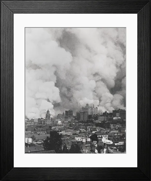 Framed Print : Smoke billows over San Francisco in the 3-day fire that followed the earthquake of April 18, 1906 Framed Print : Smoke billows over San Francisco in the 3-day fire that followed the earthquake of April 18, 1906