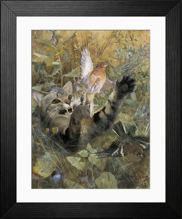 Framed Print : A Cat and a Chaffinch, 1885, by Bruno Liljefors, 1860-1939, Swedish painting, oil on canvas