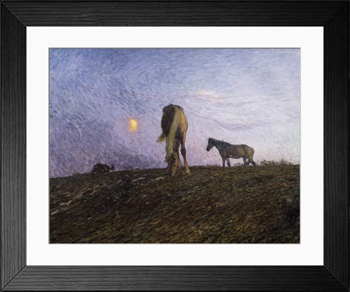 Framed Print : Nightfall, 1904, by Nils Kreuger, 1858-1930, Swedish painting, oil on canvas. The artist established a low viewpoint of three horses on a hill in the setting sun's light