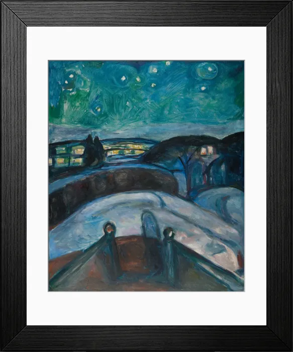 Framed Print : Starry Night, 1922-1924, by Edvard Munch, 1863-1944, Norwegian Expressionist painting, oil on canvas