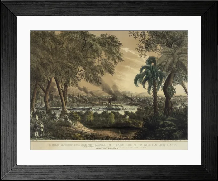 Framed Print : Mexican American War. First Battle of Tabasco, June 15, 1847. The naval expedition under Commodore Mathew Perry, ascending the Tabasco River at the Devil's Bend Framed Print : Mexican American War. First Battle of Tabasco, June 15, 1847. The naval expedition under Commodore Mathew Perry, ascending the Tabasco River at the Devil's Bend
