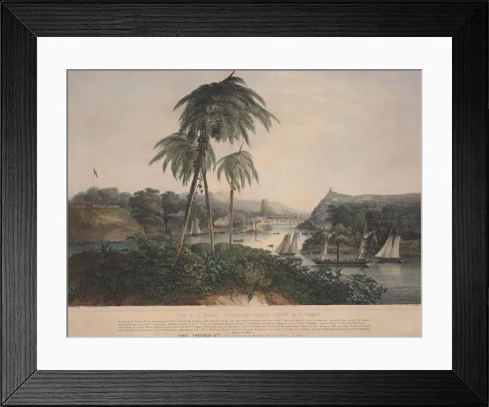 Framed Print : Mexican American War. US Blockades of ports on Mexico's southeast coast in the state of Tabasco. The US Naval Expedition under Commodore Mathew C. Perry, April 19, 1847 Framed Print : Mexican American War. US Blockades of ports on Mexico's southeast coast in the state of Tabasco. The US Naval Expedition under Commodore Mathew C. Perry, April 19, 1847