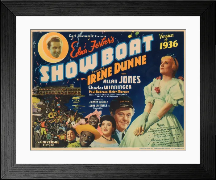 Framed Print : SHOW BOAT, lobbycard, top left: Allan Jones, bottom from left: Paul Robeson, Hattie McDaniel, Helen Morgan, Charles Winninger, Irene Dunne, 1936