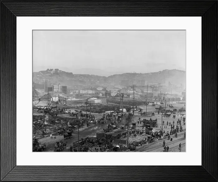 Framed Print : Activity among the ruins of the San Francisco earthquake and 3-day fire in April 1906. House drawn wagons mill in the streets below Russian and Telegraph hills Framed Print : Activity among the ruins of the San Francisco earthquake and 3-day fire in April 1906. House drawn wagons mill in the streets below Russian and Telegraph hills
