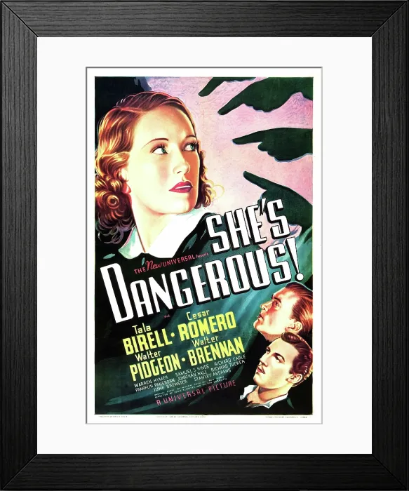 Framed Print : SHE'S DANGEROUS!, US poster art, from top: Tala Birell, Walter Pidgeon, Cesar Romero, 1937 Framed Print : SHE'S DANGEROUS!, US poster art, from top: Tala Birell, Walter Pidgeon, Cesar Romero, 1937