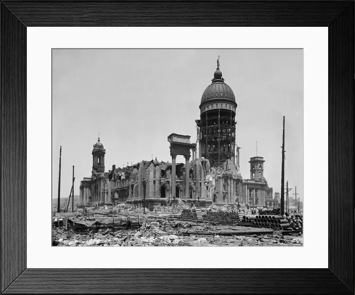 Framed Print : Ruins of City Hall after the, April 18, 1906 San Francisco, earthquake and 3-day fire. At lower right are sections of new water pipes to rebuild the city's infrastructure