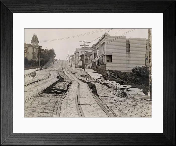 Framed Print : Union Street Car Line after the 1906 San Francisco Earthquake, 1906. The tracks are shifted near Steiner street, looking west