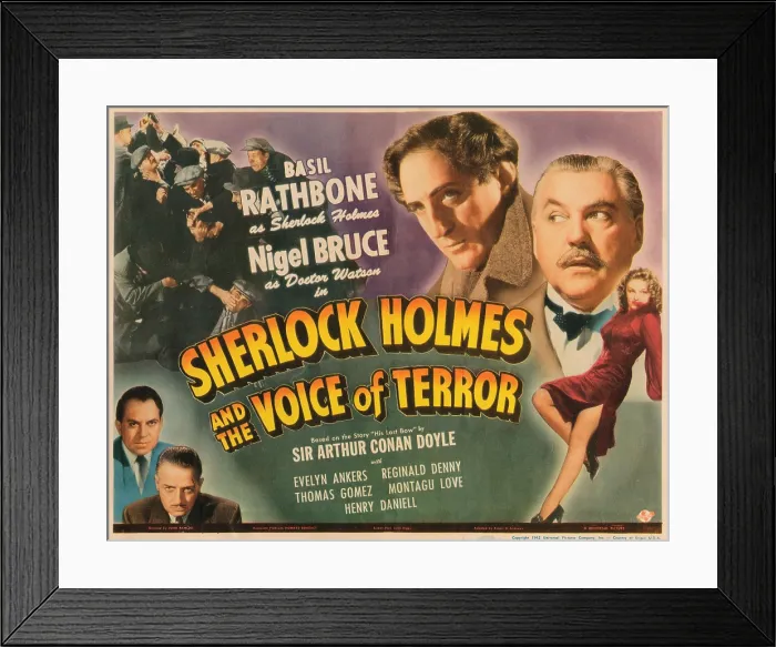 Framed Print : SHERLOCK HOLMES AND THE VOICE OF TERROR, bottom left from left: Thomas Gomez, Reginald Denny, right from top: Basil Rathbone, Nigel Bruce, Evelyn Ankers, 1942