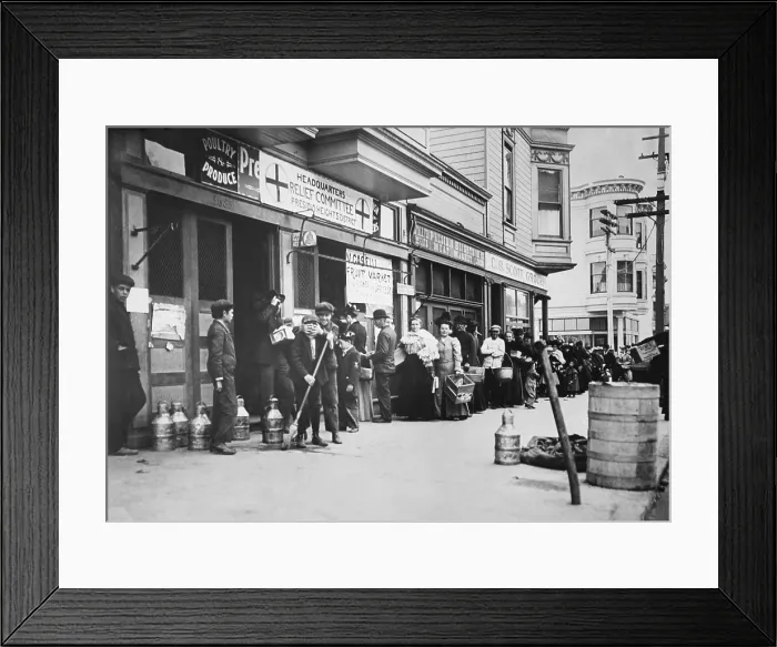 Framed Print : Food line at Relief Station run by the American Red Cross after the 1906 San Francisco earthquake. Mischievous boys mug for the camera (BSLOC_2017_17_41) Framed Print : Food line at Relief Station run by the American Red Cross after the 1906 San Francisco earthquake. Mischievous boys mug for the camera (BSLOC_2017_17_41)