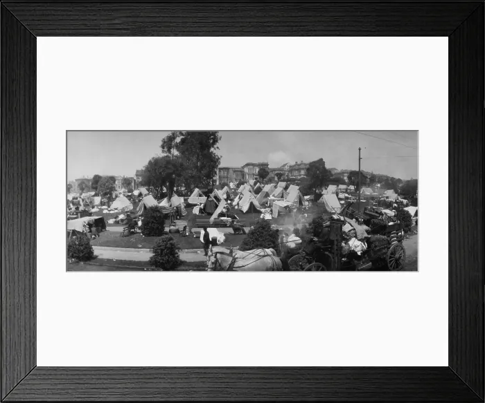 Framed Print : Tent city in Jefferson Square, San Francisco, after April 18, 1906 earthquake and 3-day fire. A horse-drawn cart with salvaged goods passes by in the foreground, May 1906