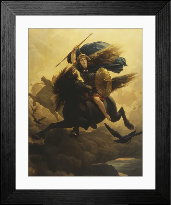 Framed Print : Valkyrie, 1865, Peter Nicolai Arbo, 1831-1892, Norwegian painting, oil on canvas. A Valkyrie with a spear, a helmet and a shield, gallops on a black horse through the clouds
