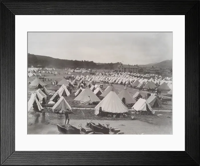 Framed Print : Military Camp on the April 22, 1906, four days after the 1906 San Francisco Earthquake. The camp sheltered the homeless for months as the city was rebuilt
