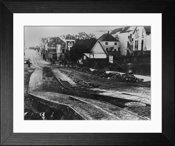 Framed Print : Damage to San Francisco street car tracks from the San Francisco Earthquake, 1906 Framed Print : Damage to San Francisco street car tracks from the San Francisco Earthquake, 1906