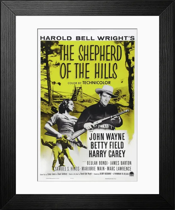 Framed Print : THE SHEPHERD OF THE HILLS, from left: Betty field, John Wayne on 1955 reissue poster, 1941
