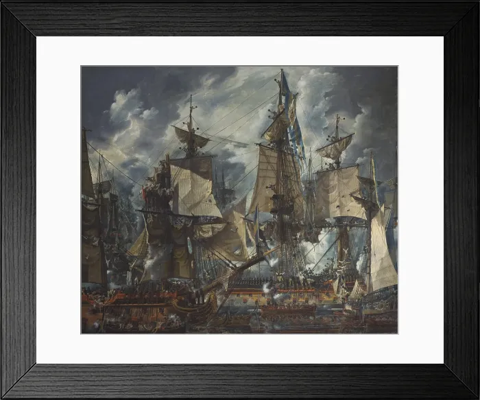 Framed Print : The Swedish command ship Gustaf III in the Battle of Hogland, July 17, 1788, by Louis Jean Desprez, 1794, French painting, oil on canvas