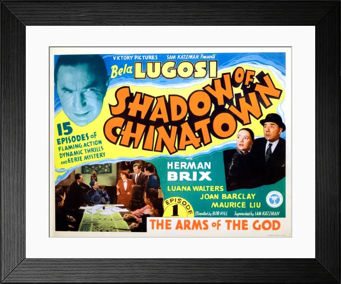 Framed Print : SHADOW OF CHINATOWN, top left: Bela Lugosi, bottom right: Luana Walters, Herman Brix in Episode 1: The Arms Of The God, lobbycard, 1936 Framed Print : SHADOW OF CHINATOWN, top left: Bela Lugosi, bottom right: Luana Walters, Herman Brix in Episode 1: The Arms Of The God, lobbycard, 1936