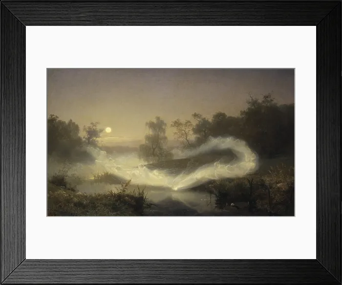 Framed Print : Dancing Fairies, 1866, by August Malmström, 1829-1901, Swedish painting, oil on canvas. A serpentine formation of luminescent fairies fly over a small river on a moonlit night