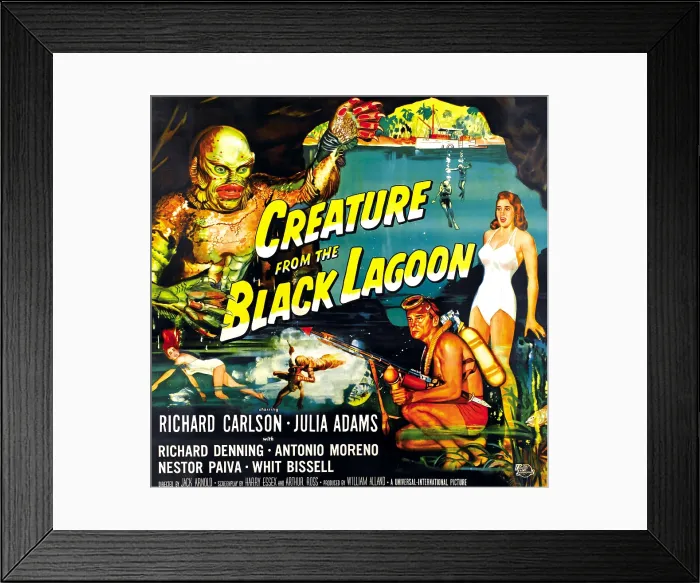 Framed Print : CREATURE FROM THE BLACK LAGOON, as the Creature, upper left: Ben Chapman (on land), Ricou Browning (underwater); bottom right, from left: Richard Carlson Framed Print : CREATURE FROM THE BLACK LAGOON, as the Creature, upper left: Ben Chapman (on land), Ricou Browning (underwater); bottom right, from left: Richard Carlson