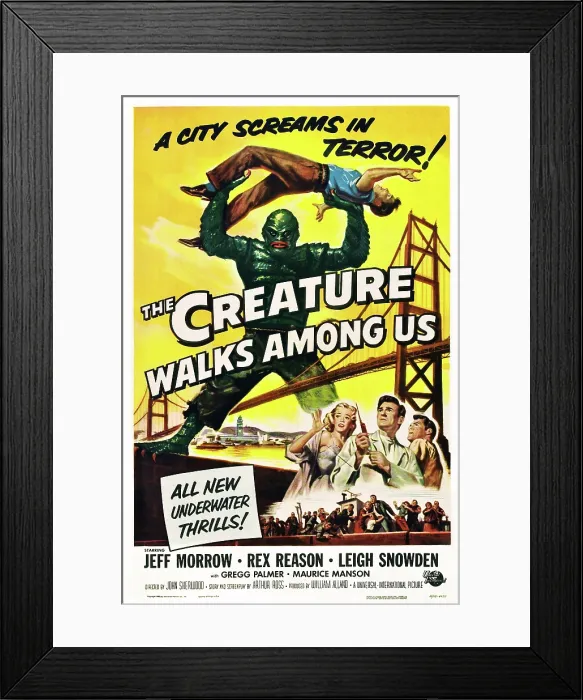 Framed Print : THE CREATURE WALKS AMONG US, Don Megowan (as the Creature') holding up Jeff Morrow; bottom right, from left: Leigh Snowden, Jeff Morrow, Rex Reason, 1956, poster art