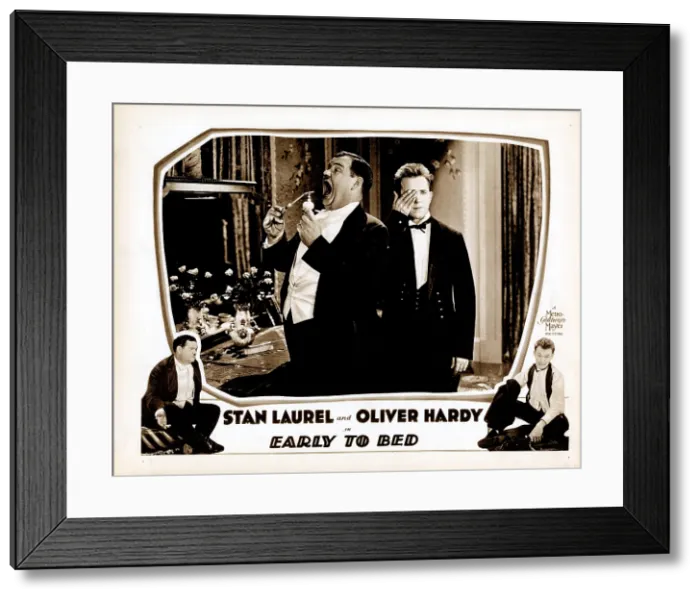 Framed Print : EARLY TO BED, lobbycard, Oliver Hardy (inset left and bottom left), Stan Laurel (inset right and bottom right), 1928 Framed Print : EARLY TO BED, lobbycard, Oliver Hardy (inset left and bottom left), Stan Laurel (inset right and bottom right), 1928