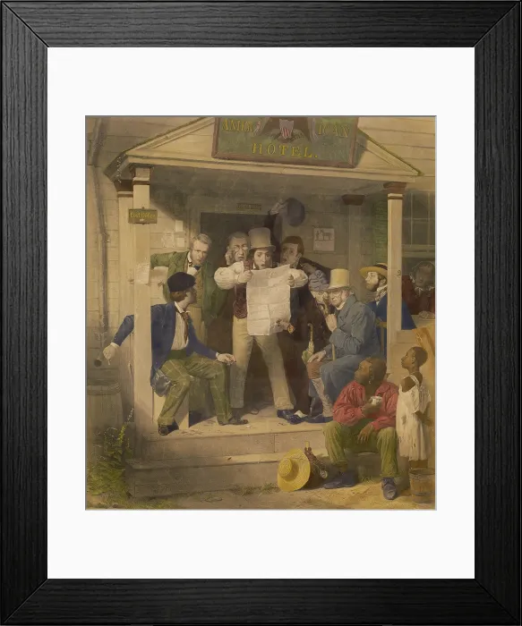 Framed Print : MEXICAN NEWS, by Richard Caton Woodville, 1853. An animated newspaper reader is excited by the news of the Mexican War Framed Print : MEXICAN NEWS, by Richard Caton Woodville, 1853. An animated newspaper reader is excited by the news of the Mexican War