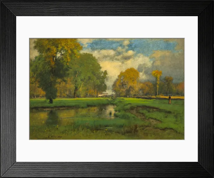 Framed Print : October, 1882-86, by George Inness, 1825-1894, American landscape painting, oil on panel. This landscape was originally entitled Near My Studio, Milton, and dated 1882 Framed Print : October, 1882-86, by George Inness, 1825-1894, American landscape painting, oil on panel. This landscape was originally entitled Near My Studio, Milton, and dated 1882